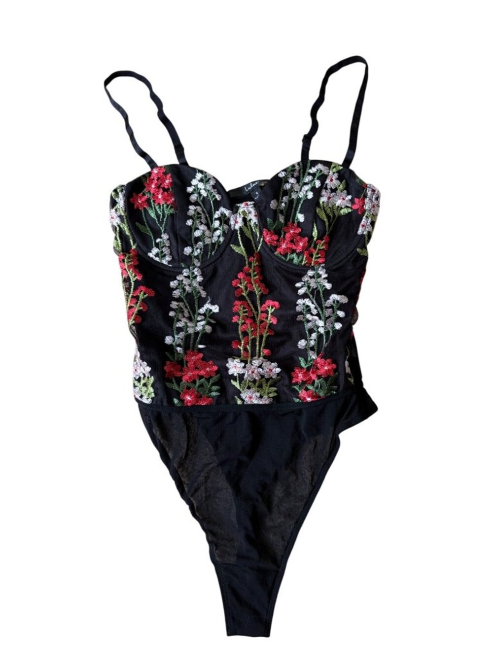 Lulus Dark Romance Black Floral Embroidered Bustier Bodysuit Small Coquette 90s